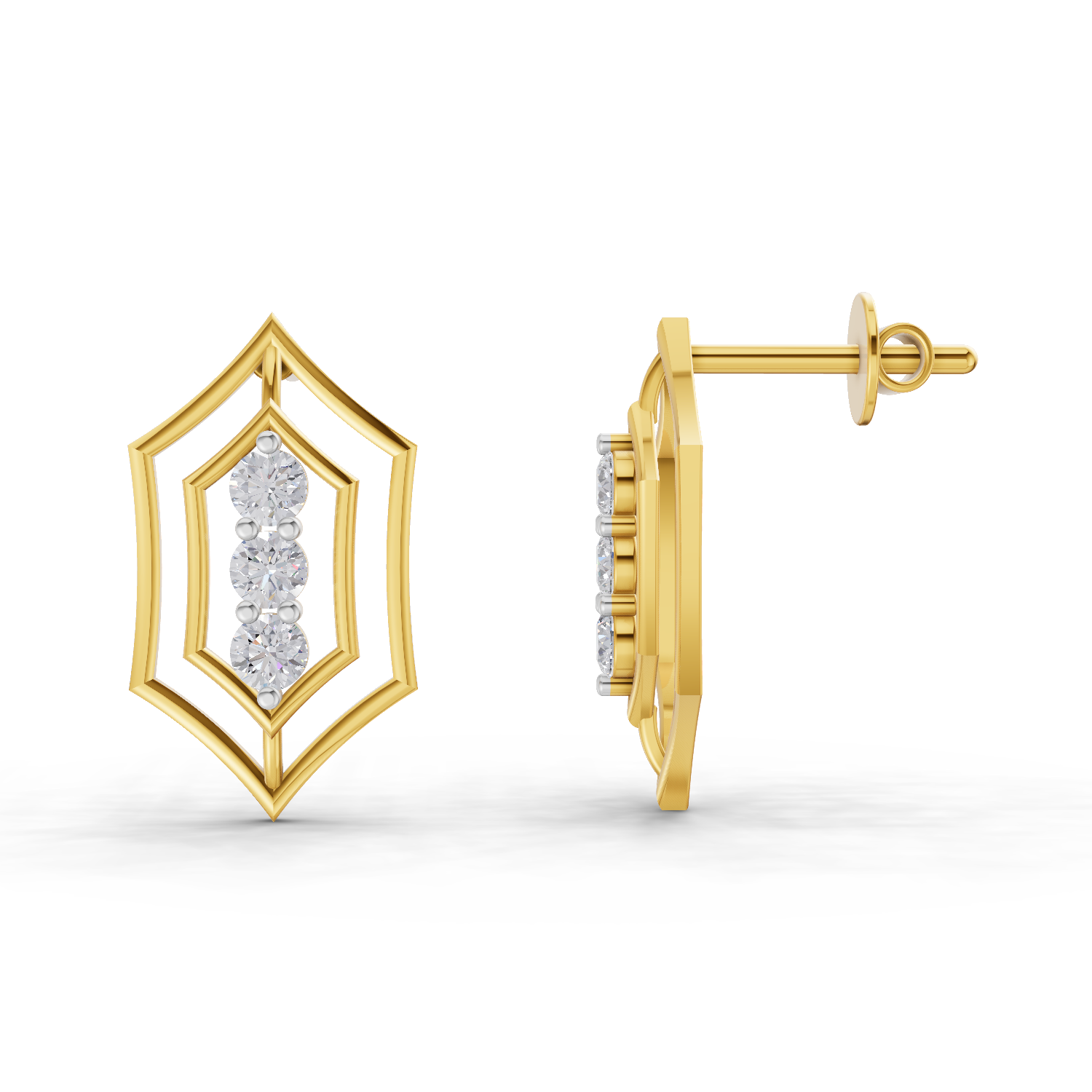 Lab Grown Diamond Earrings 0.35 Carat IGI Certified Round Shape F-G VS Quality| 925 Sterling Silver Gold Plated Three-Stone Diamond Stud Earrings