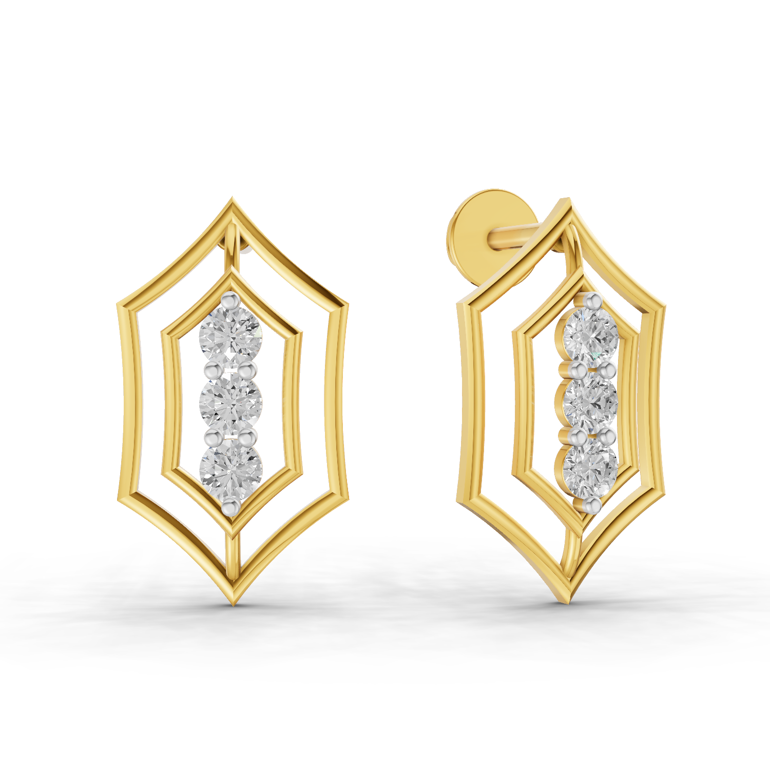 Lab Grown Diamond Earrings 0.35 Carat IGI Certified Round Shape F-G VS Quality| 925 Sterling Silver Gold Plated Three-Stone Diamond Stud Earrings