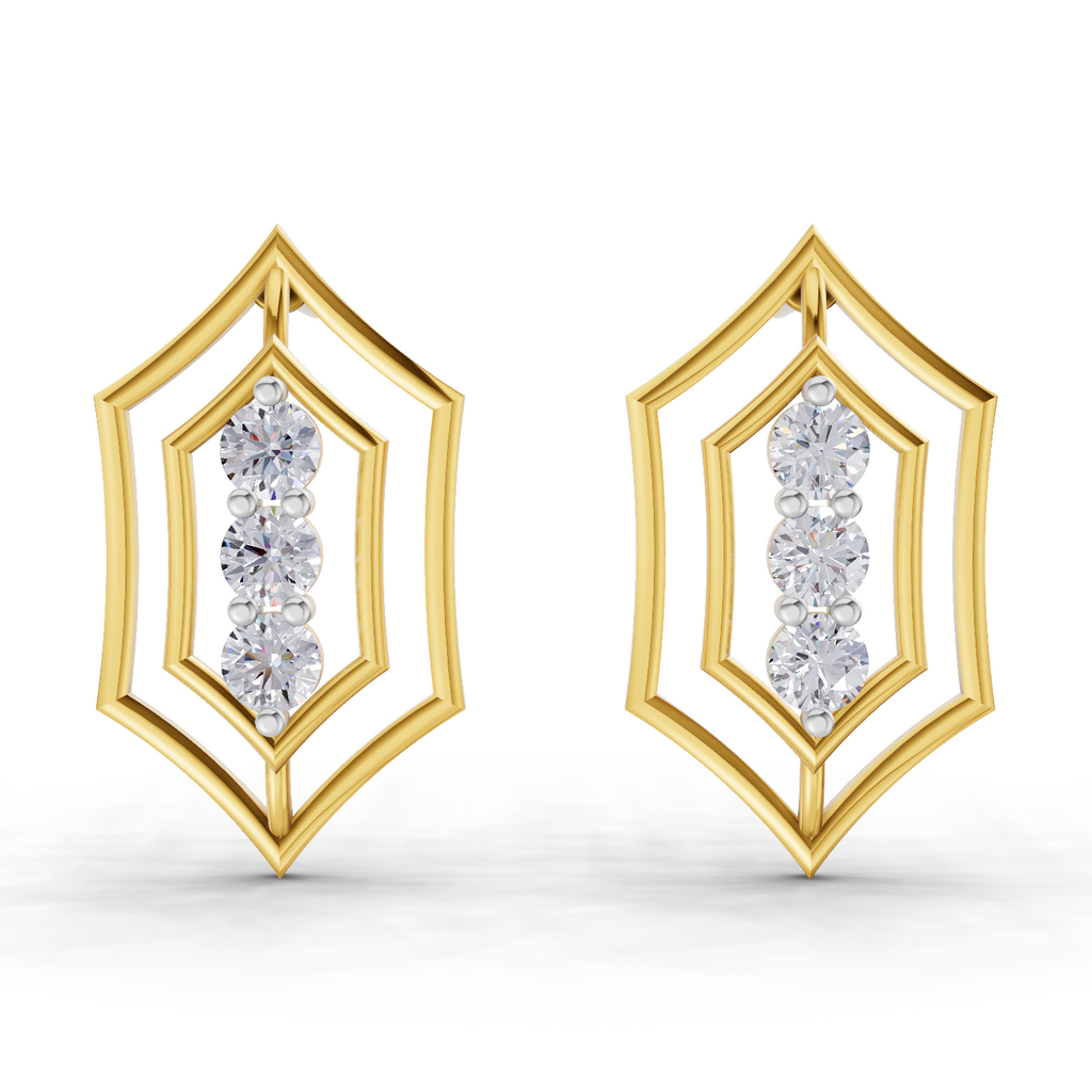 Lab Grown Diamond Earrings 0.35 Carat IGI Certified Round Shape F-G VS Quality| 925 Sterling Silver Gold Plated Three-Stone Diamond Stud Earrings
