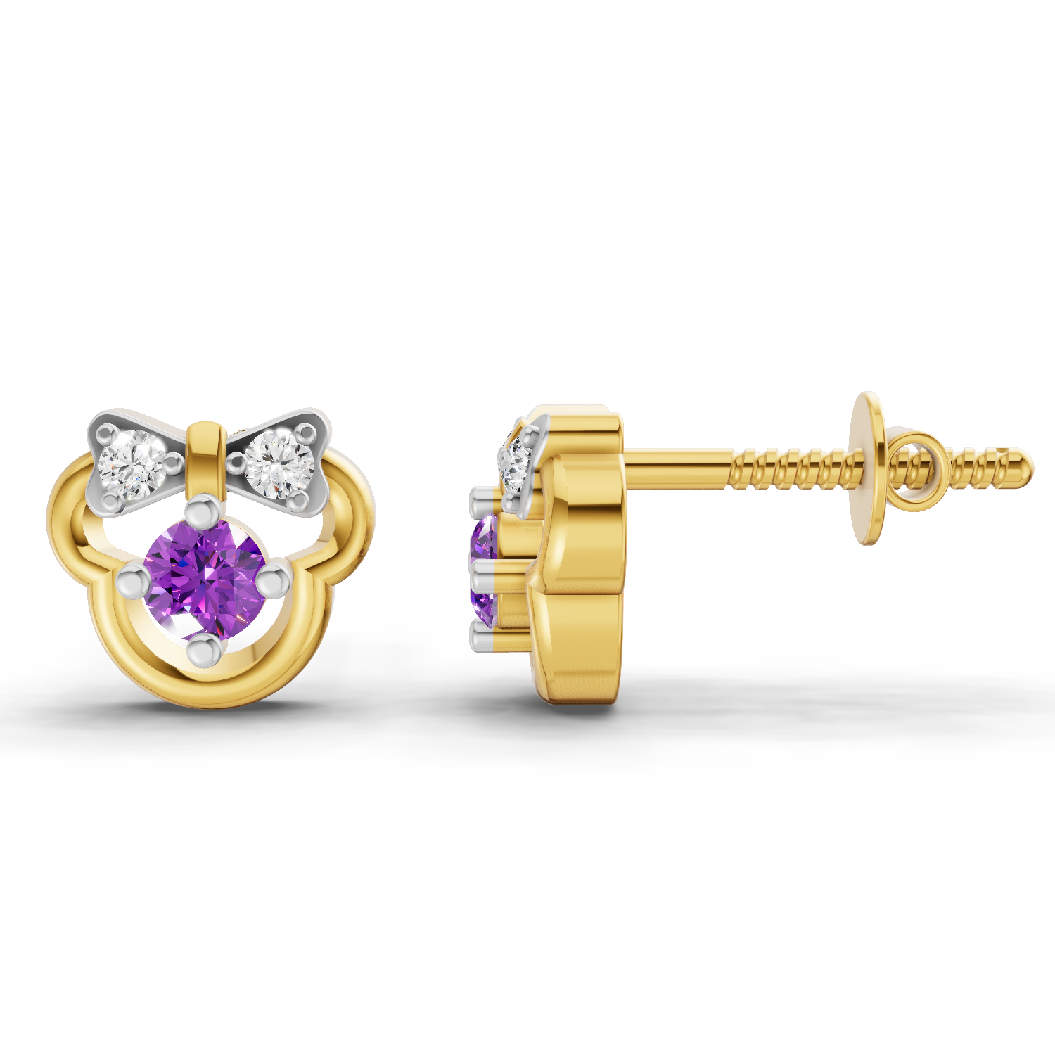 Lab Grown Diamond Earrings 0.02 Carat Round Shape 925 Sterling Silver Yellow Gold Plated Minnie Mouse Earrings