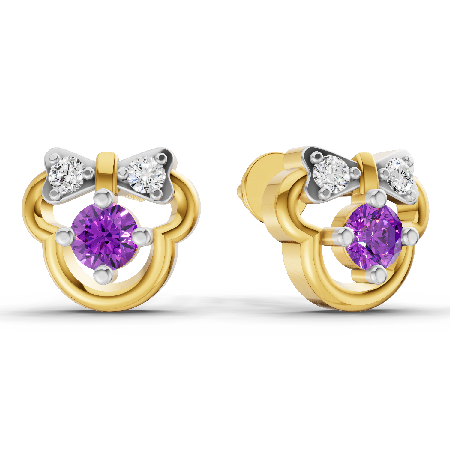 Lab Grown Diamond Earrings 0.02 Carat Round Shape 925 Sterling Silver Yellow Gold Plated Minnie Mouse Earrings