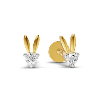 Lab Grown Diamond Earrings 0.04 Carat Round Shape 925 Sterling Silver Yellow Gold Plated Tiny Bunny Earrings