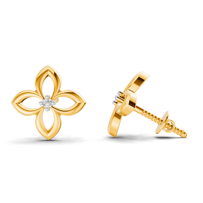 Lab Grown Diamond Earrings 0.02 Carat Round Shape 925 Sterling Silver Yellow Gold Plated Flower Stud Earrings
