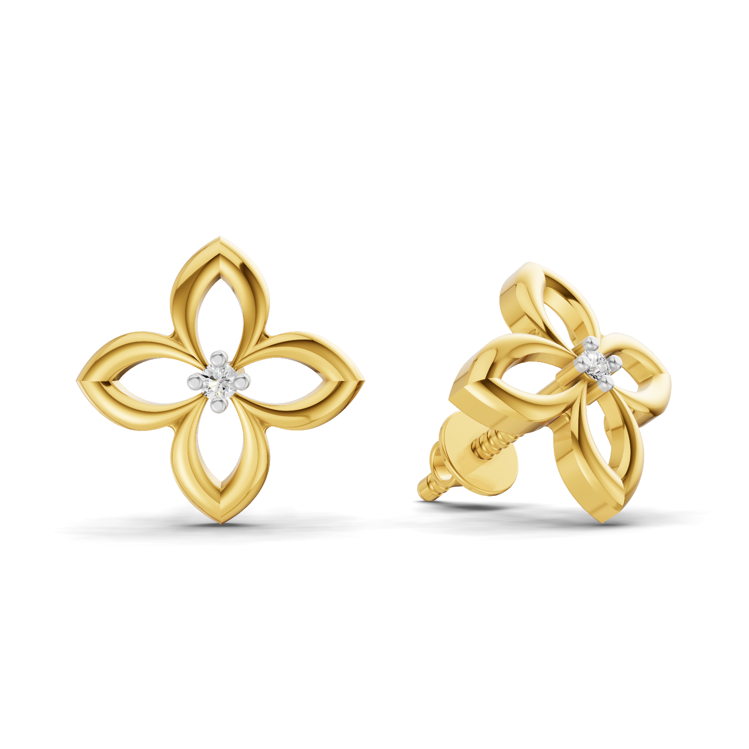 Lab Grown Diamond Earrings 0.02 Carat Round Shape 925 Sterling Silver Yellow Gold Plated Flower Stud Earrings