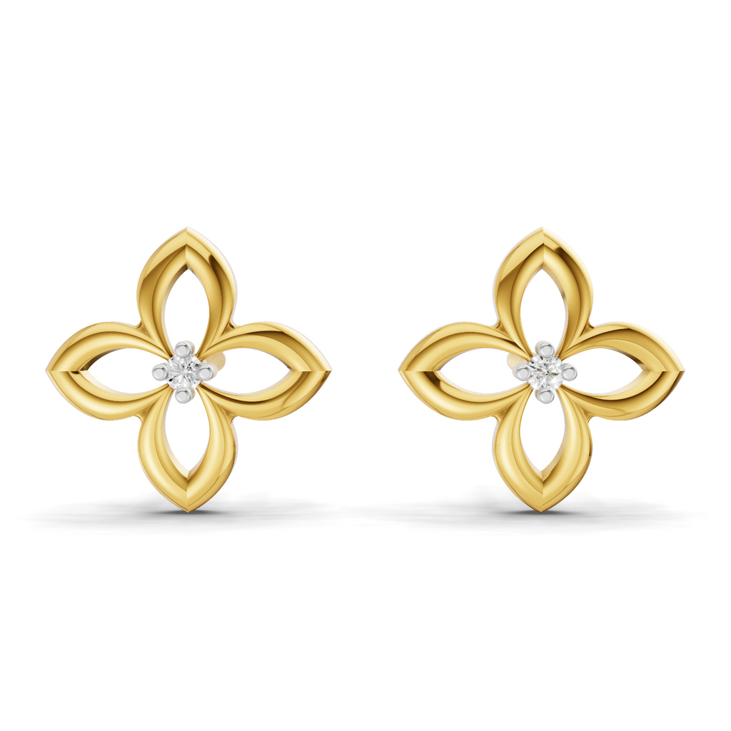 Lab Grown Diamond Earrings 0.02 Carat Round Shape 925 Sterling Silver Yellow Gold Plated Flower Stud Earrings