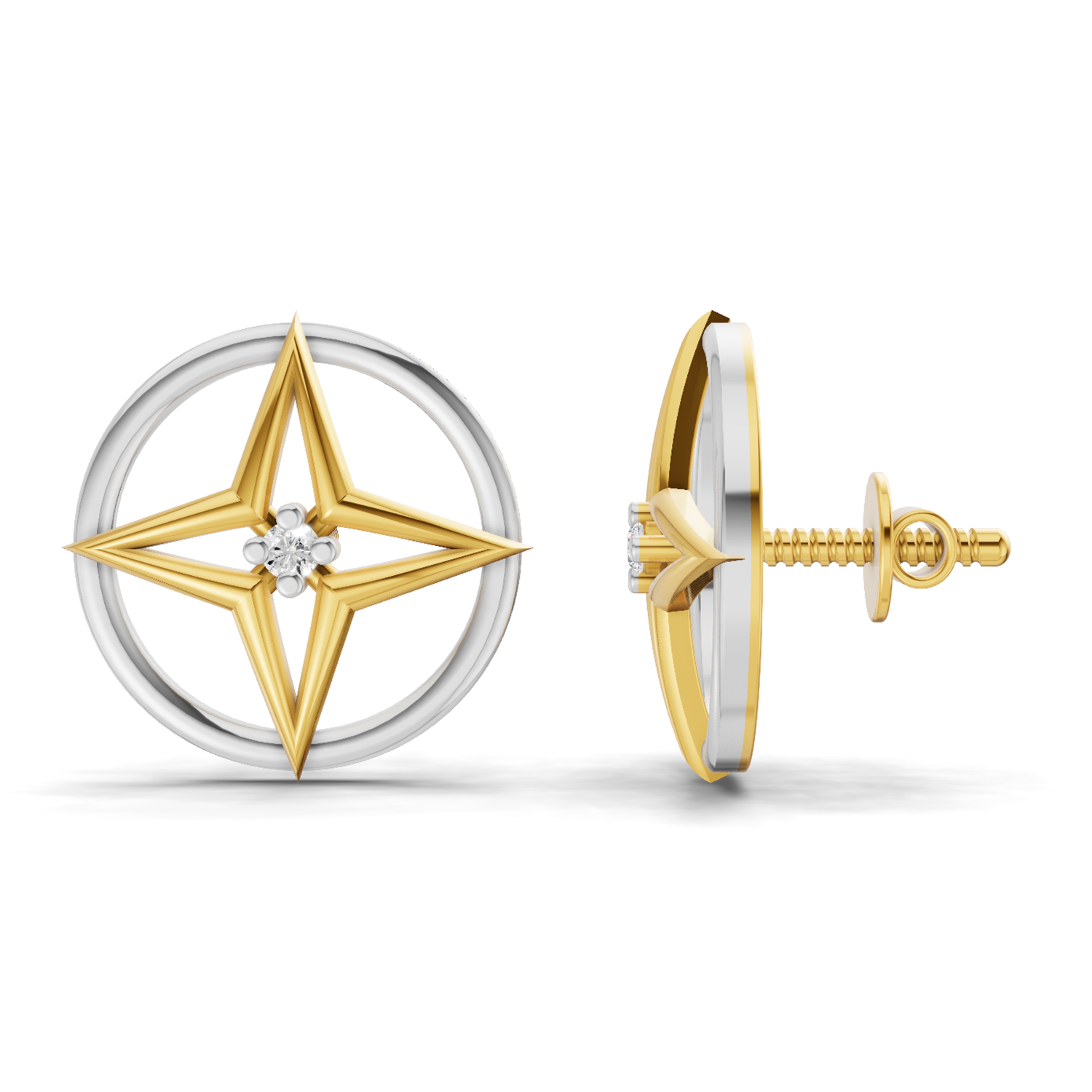 Lab Grown Diamond Earrings 0.02 Carat Round Shape 925 Sterling Silver Yellow Gold Plated Compass Rose Earrings