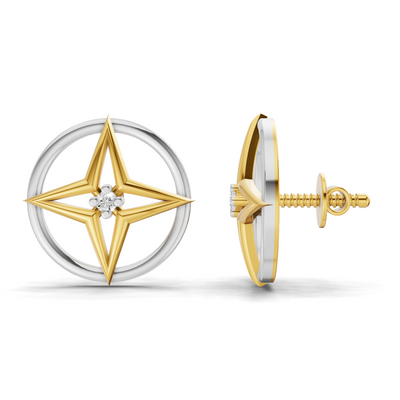 Lab Grown Diamond Earrings 0.02 Carat Round Shape 925 Sterling Silver Yellow Gold Plated Compass Rose Earrings