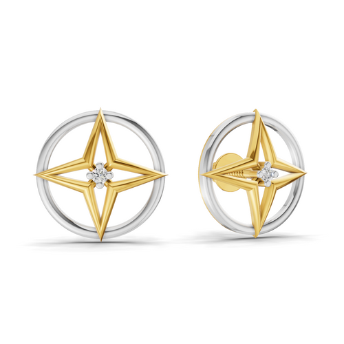 Lab Grown Diamond Earrings 0.02 Carat Round Shape 925 Sterling Silver Yellow Gold Plated Compass Rose Earrings