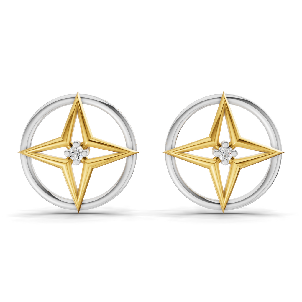Lab Grown Diamond Earrings 0.02 Carat Round Shape 925 Sterling Silver Yellow Gold Plated Compass Rose Earrings