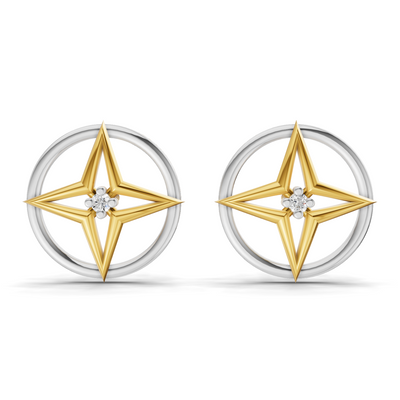Lab Grown Diamond Earrings 0.02 Carat Round Shape 925 Sterling Silver Yellow Gold Plated Compass Rose Earrings