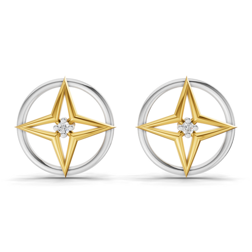 Lab Grown Diamond Earrings 0.02 Carat Round Shape 925 Sterling Silver Yellow Gold Plated Compass Rose Earrings