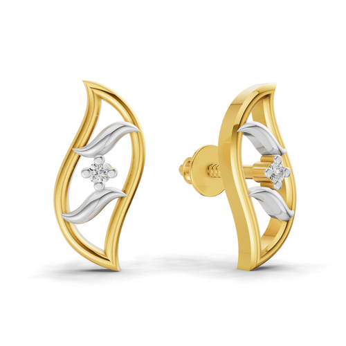 Lab Grown Diamond Earrings 0.02 Carat Round Shape 925 Sterling Silver Yellow Gold Plated Beautiful Leaf Earrings