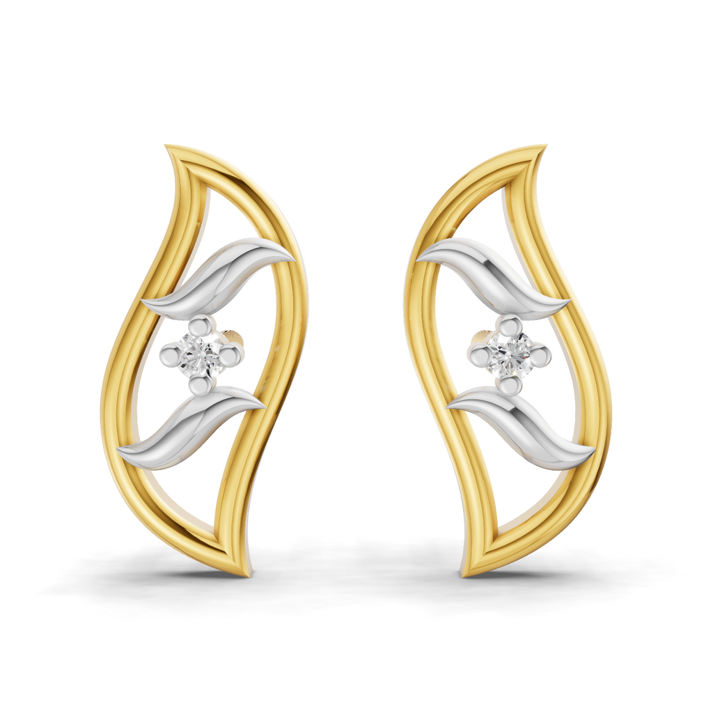 Lab Grown Diamond Earrings 0.02 Carat Round Shape 925 Sterling Silver Yellow Gold Plated Beautiful Leaf Earrings