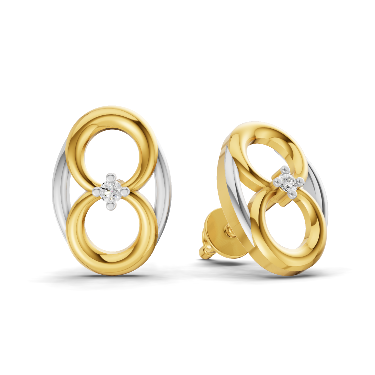 Lab Grown Diamond Earrings 0.02 Carat Round Shape 925 Sterling Silver Yellow Gold Plated Interlocking Circle Earrings
