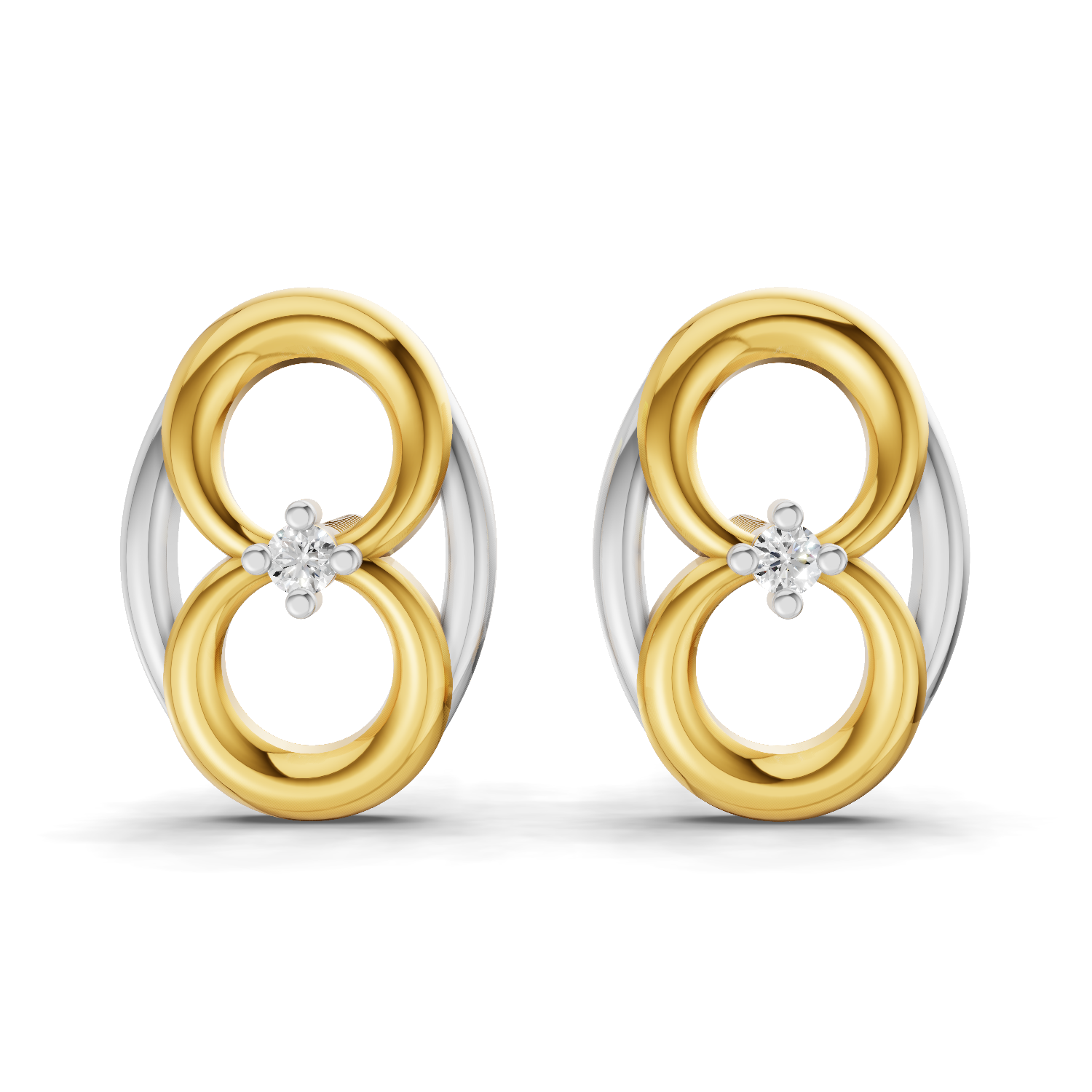 Lab Grown Diamond Earrings 0.02 Carat Round Shape 925 Sterling Silver Yellow Gold Plated Interlocking Circle Earrings