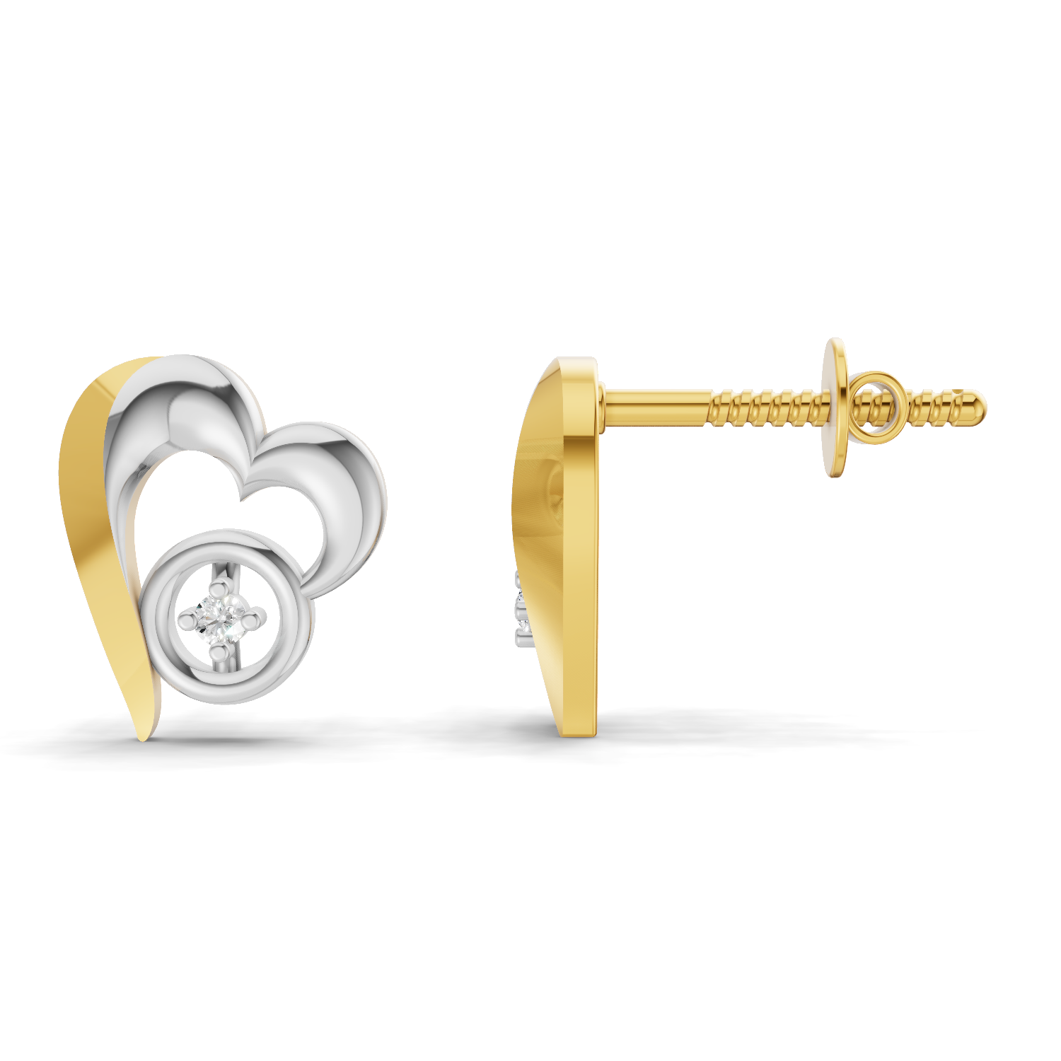 Lab Grown Diamond Earrings 0.02 Carat Round Shape 925 Sterling Silver Yellow Gold Plated Heart Earrings