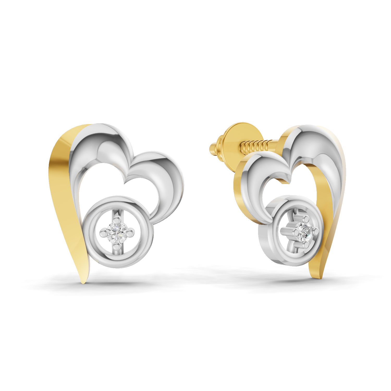 Lab Grown Diamond Earrings 0.02 Carat Round Shape 925 Sterling Silver Yellow Gold Plated Heart Earrings