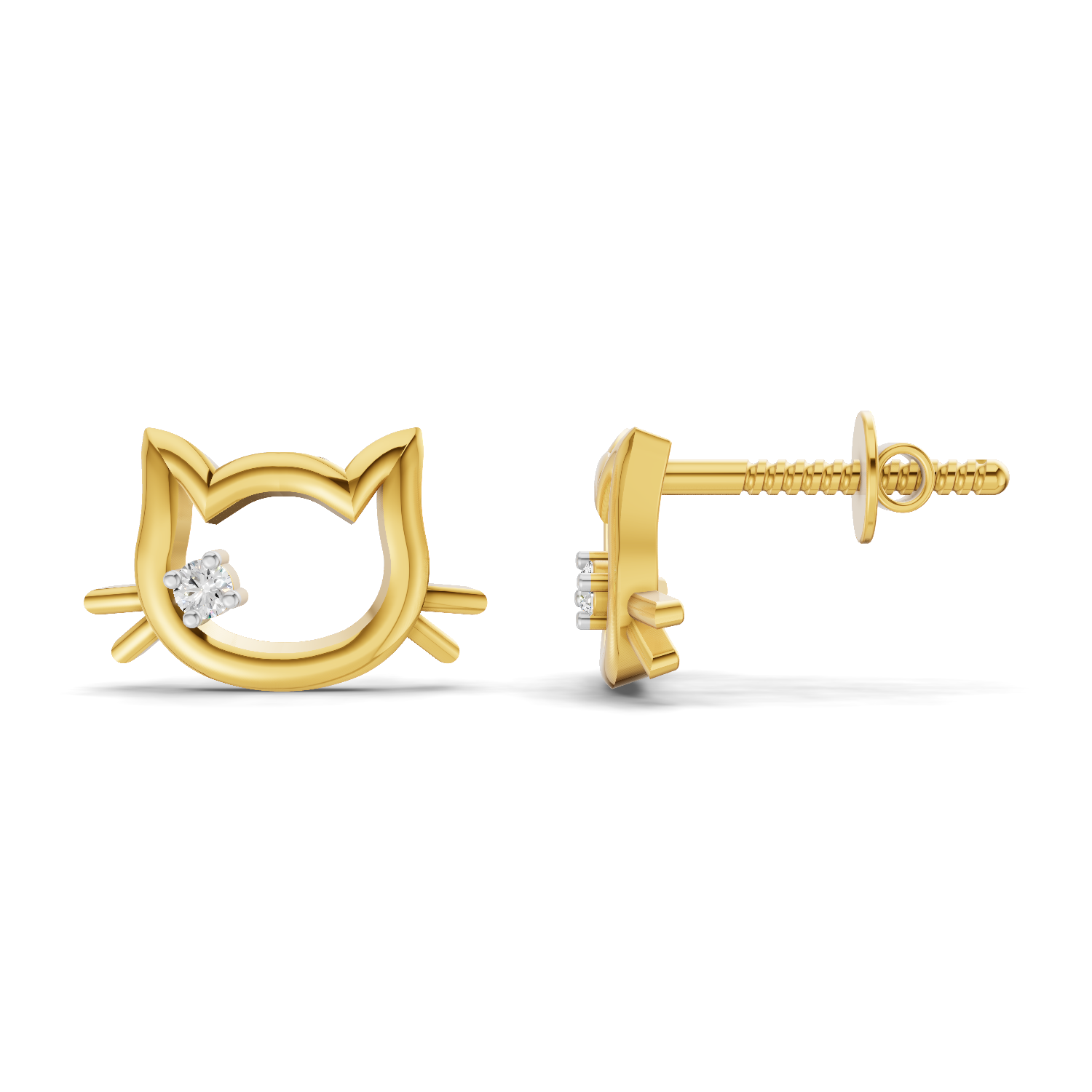 Lab Grown Diamond Earrings 0.04 Carat Round Shape 925 Sterling Silver Yellow Gold Plated Cat Earrings