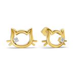 Lab Grown Diamond Earrings 0.04 Carat Round Shape 925 Sterling Silver Yellow Gold Plated Cat Earrings