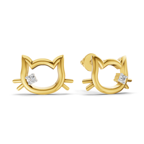 Lab Grown Diamond Earrings 0.04 Carat Round Shape 925 Sterling Silver Yellow Gold Plated Cat Earrings