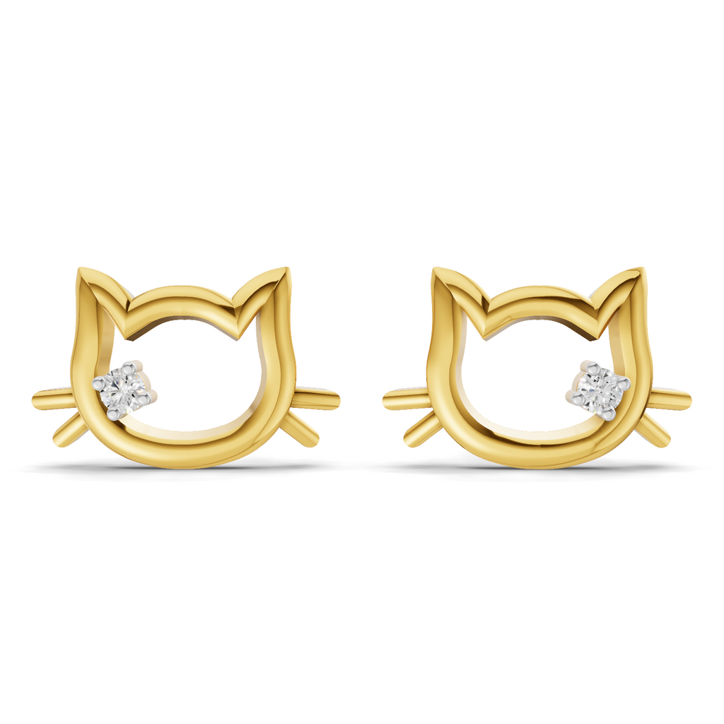 Lab Grown Diamond Earrings 0.04 Carat Round Shape 925 Sterling Silver Yellow Gold Plated Cat Earrings